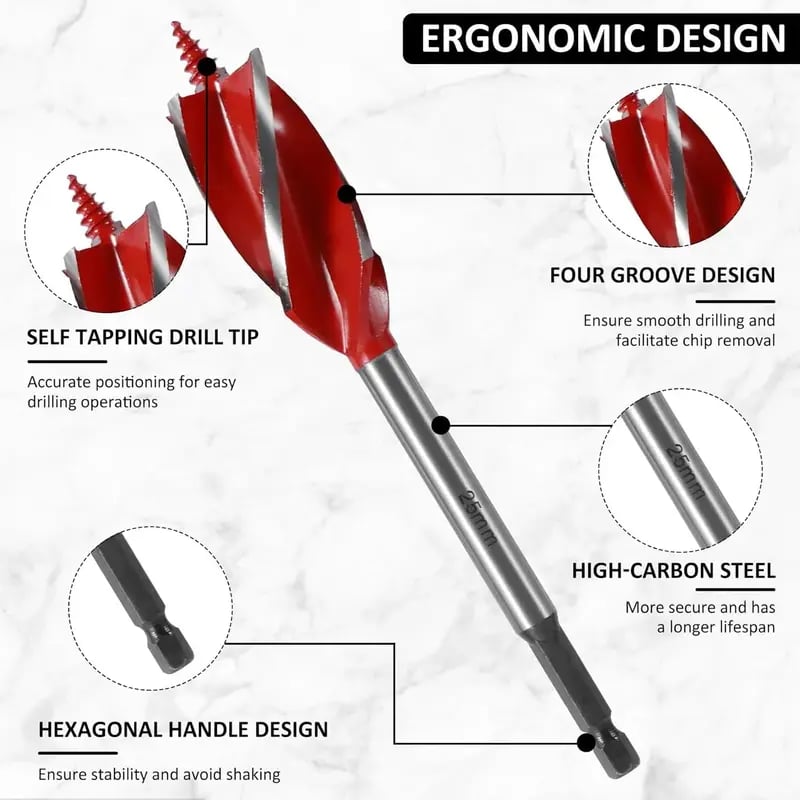 8-Piece High-Carbon Steel Wood Drill Bit Set | 4-Flute Hex Shank, 10–25mm for Wood & Plastic