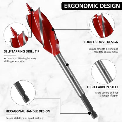 8-Piece High-Carbon Steel Wood Drill Bit Set | 4-Flute Hex Shank, 10–25mm for Wood & Plastic