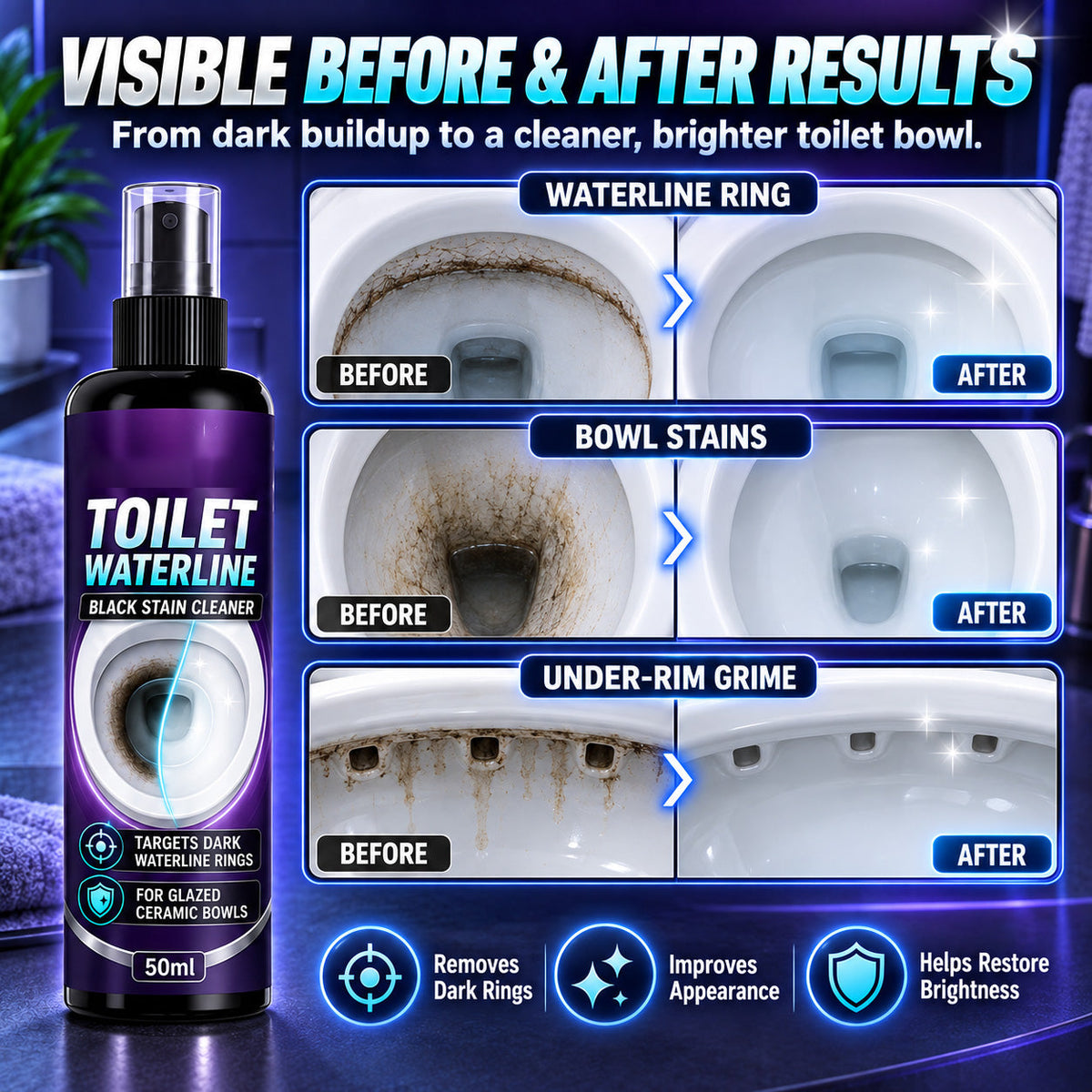 Toilet flush cleaner removes black stains and scale from the waterline and stubborn dirt.